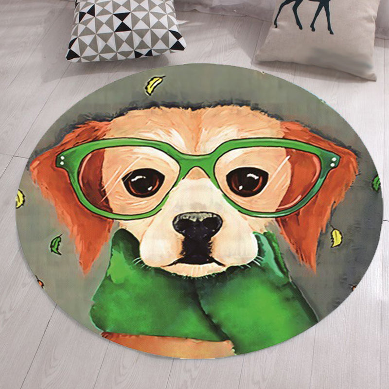 Grey and Green Child's Room Rug Kids Animal Dog Glasses Pattern Area Rug Polyester Anti-Slip Machine Washable
