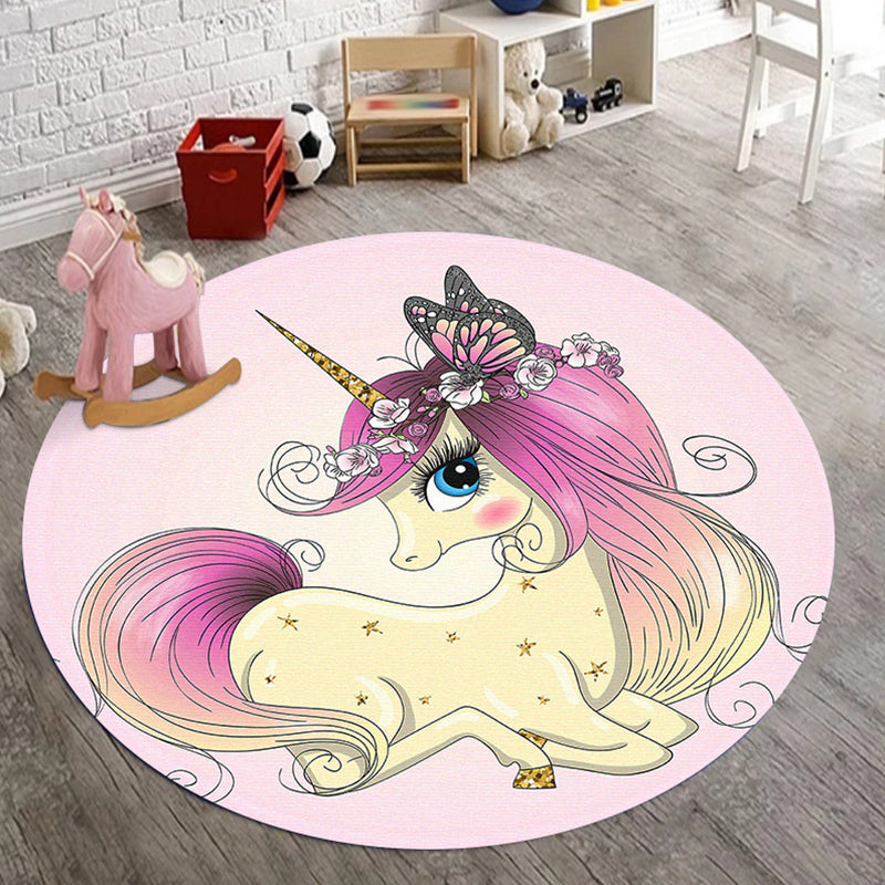 Kids Bedroom Rug in Pink Animal Unicorn Butterfly Floral Print Rug Polyester Anti-Slip Backing Area Rug - Pink - Clearhalo - 'Area Rug' - 'Rug' - 1648830