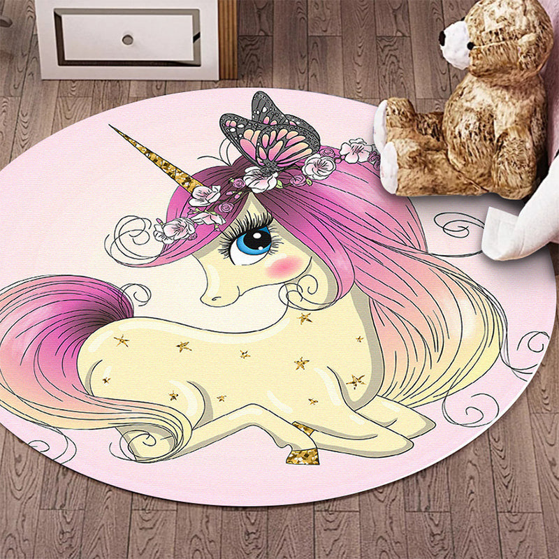 Kids Bedroom Rug in Pink Animal Unicorn Butterfly Floral Print Rug Polyester Anti-Slip Backing Area Rug - Clearhalo - 'Area Rug' - 'Rug' - 1648831