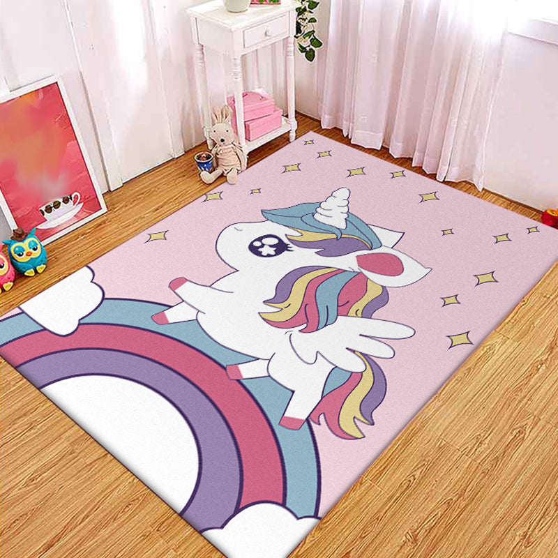Pink Child's Room Rug Kids Animal Unicorn Rainbow Pattern Area Rug Polyester Non-Slip Backing Carpet - Pink - Clearhalo - 'Area Rug' - 'Rug' - 1648949