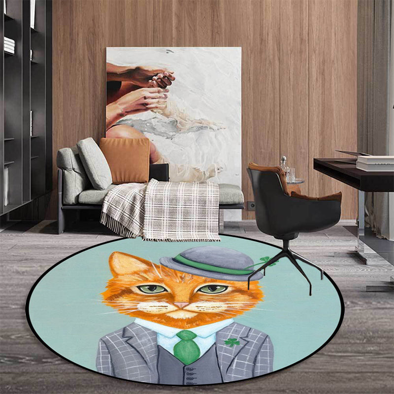 Kids Bedroom Rug in Green and Blue Animal Cat Glasses Print Rug Polyester Pet Friendly Area Rug - Clearhalo - 'Area Rug' - 'Rug' - 1649053