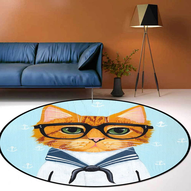 Kids Bedroom Rug in Green and Blue Animal Cat Glasses Print Rug Polyester Pet Friendly Area Rug - Light Blue - Clearhalo - 'Area Rug' - 'Rug' - 1649055