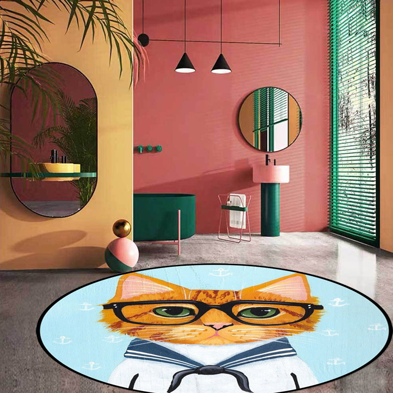 Kids Bedroom Rug in Green and Blue Animal Cat Glasses Print Rug Polyester Pet Friendly Area Rug - Clearhalo - 'Area Rug' - 'Rug' - 1649056
