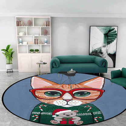 Kids Bedroom Rug in Green and Blue Animal Cat Glasses Print Rug Polyester Pet Friendly Area Rug - Dark Blue - Clearhalo - 'Area Rug' - 'Rug' - 1649058