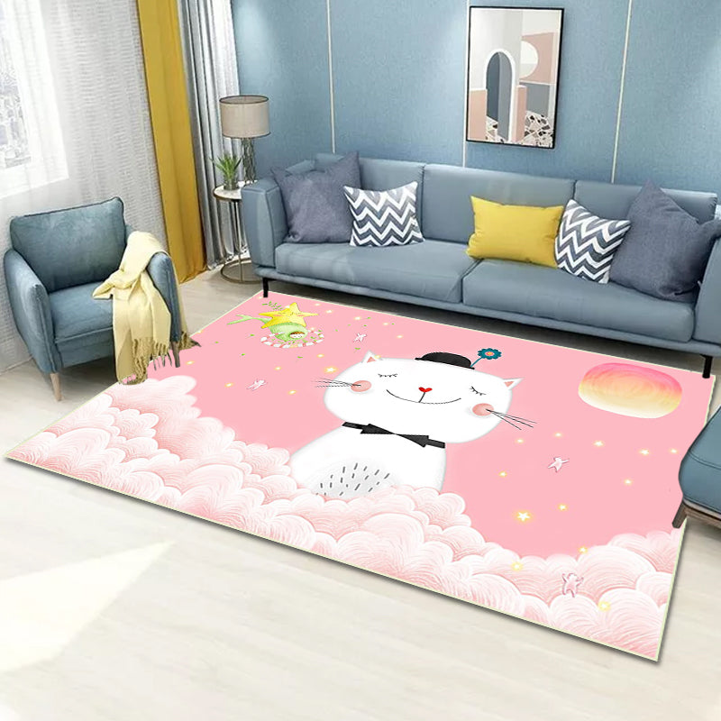 Casual Kids Rug in Pink Animal Cat Cloud Pattern Rug Polyester Anti-Slip Backing Washable Carpet for Nursery - Pink - Clearhalo - 'Area Rug' - 'Rug' - 1649130