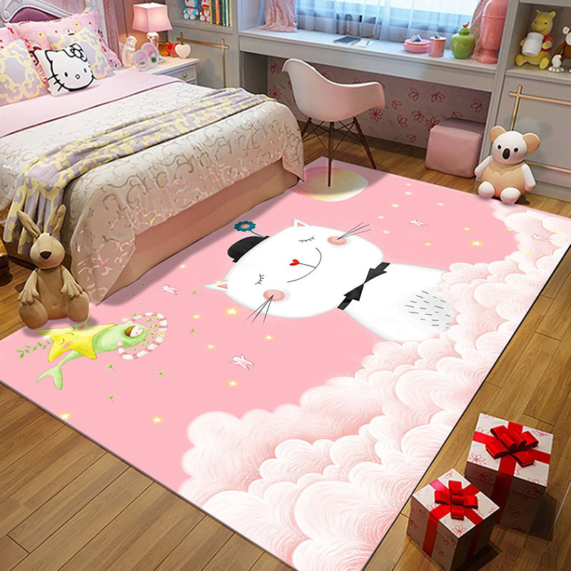 Casual Kids Rug in Pink Animal Cat Cloud Pattern Rug Polyester Anti-Slip Backing Washable Carpet for Nursery - Clearhalo - 'Area Rug' - 'Rug' - 1649131