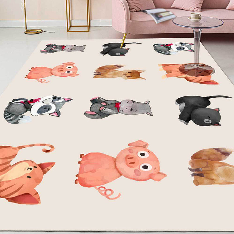 Kids Bedroom Rug in Ivory Animal Dog Cat Pig Print Rug Polyester Non-Slip Backing Area Rug - Beige - Design 2 - Clearhalo - 'Area Rug' - 'Rug' - 1649157