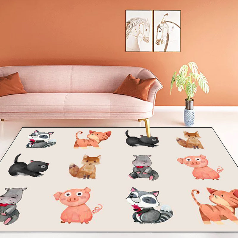 Kids Bedroom Rug in Ivory Animal Dog Cat Pig Print Rug Polyester Non-Slip Backing Area Rug - Clearhalo - 'Area Rug' - 'Rug' - 1649158