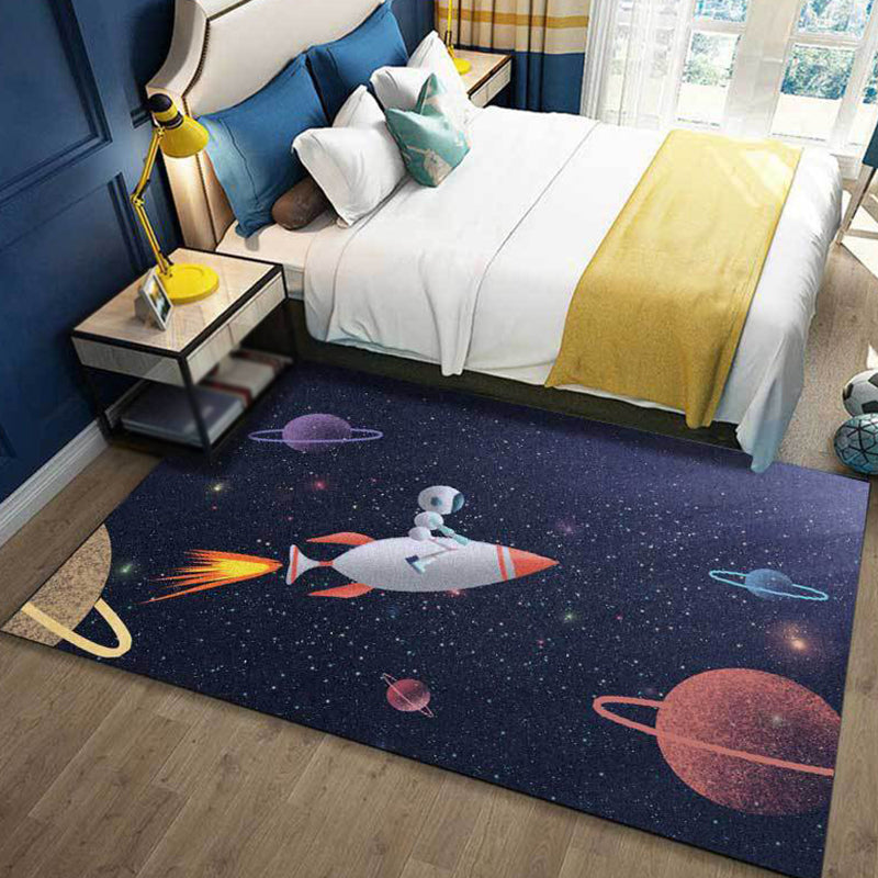 Kids Bedroom Rug in Blue Outer Space Galaxy Rocket Astronaut Print Rug Polyester Non-Slip Backing Area Rug - Dark Blue - Clearhalo - 'Area Rug' - 'Rug' - 1649160