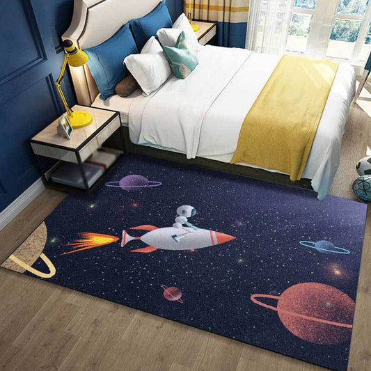 Kids Bedroom Rug in Blue Outer Space Galaxy Rocket Astronaut Print Rug Polyester Non-Slip Backing Area Rug - Dark Blue - Clearhalo - 'Area Rug' - 'Rug' - 1649160