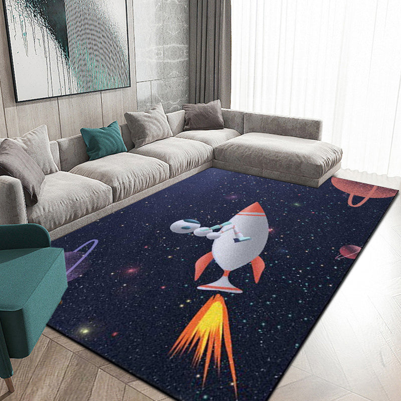 Kids Bedroom Rug in Blue Outer Space Galaxy Rocket Astronaut Print Rug Polyester Non-Slip Backing Area Rug - Clearhalo - 'Area Rug' - 'Rug' - 1649161