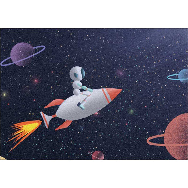 Kids Bedroom Rug in Blue Outer Space Galaxy Rocket Astronaut Print Rug Polyester Non-Slip Backing Area Rug - Clearhalo - 'Area Rug' - 'Rug' - 1649162