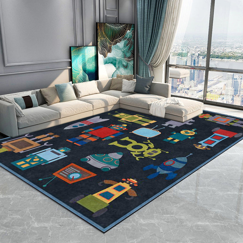 Unique Kids Rug in Blue Outer Space Robot Rocket Pattern Rug Polyester Non-Slip Backing Carpet for Nursery Clearhalo 'Area Rug' 'Rug' 1649170