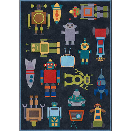 Unique Kids Rug in Blue Outer Space Robot Rocket Pattern Rug Polyester Non-Slip Backing Carpet for Nursery Clearhalo 'Area Rug' 'Rug' 1649171