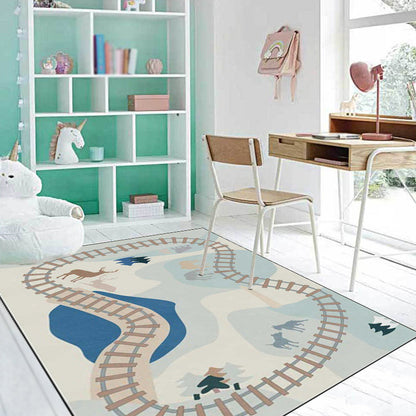 Casual Kids Rug in Blue Cars & Roads Deer Horse Tree Pattern Rug Polyester Anti-Slip Backing Carpet for Nursery