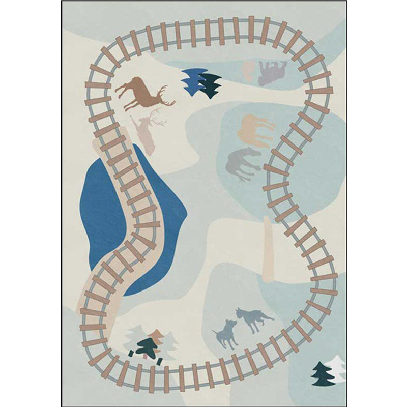 Casual Kids Rug in Blue Cars & Roads Deer Horse Tree Pattern Rug Polyester Anti-Slip Backing Carpet for Nursery