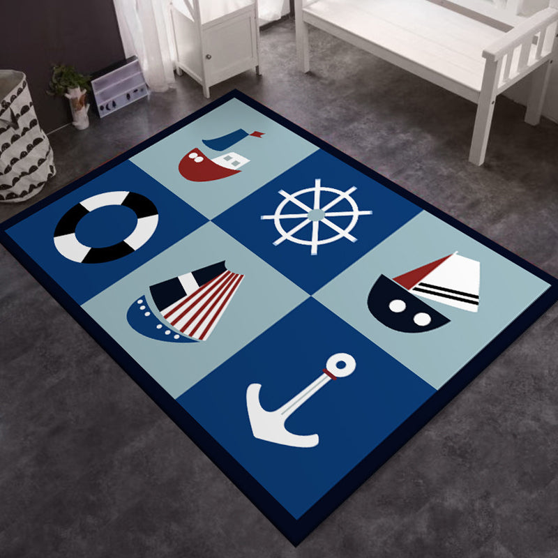 Kids Bedroom Rug in Blue Cars & Roads Ship Anchor Rudder Print Rug Polyester Machine Washable Area Rug - Blue - Clearhalo - 'Area Rug' - 'Rug' - 1649187