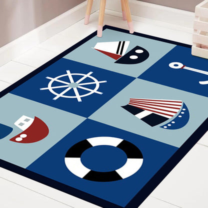 Kids Bedroom Rug in Blue Cars & Roads Ship Anchor Rudder Print Rug Polyester Machine Washable Area Rug - Clearhalo - 'Area Rug' - 'Rug' - 1649188