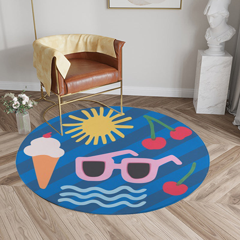 Kids Bedroom Rug in Yellow Food & Beverage Ice-cream Cherry Glasses Print Rug Polyester Pet Friendly Area Rug - Blue - Clearhalo - 'Area Rug' - 'Rug' - 1649196