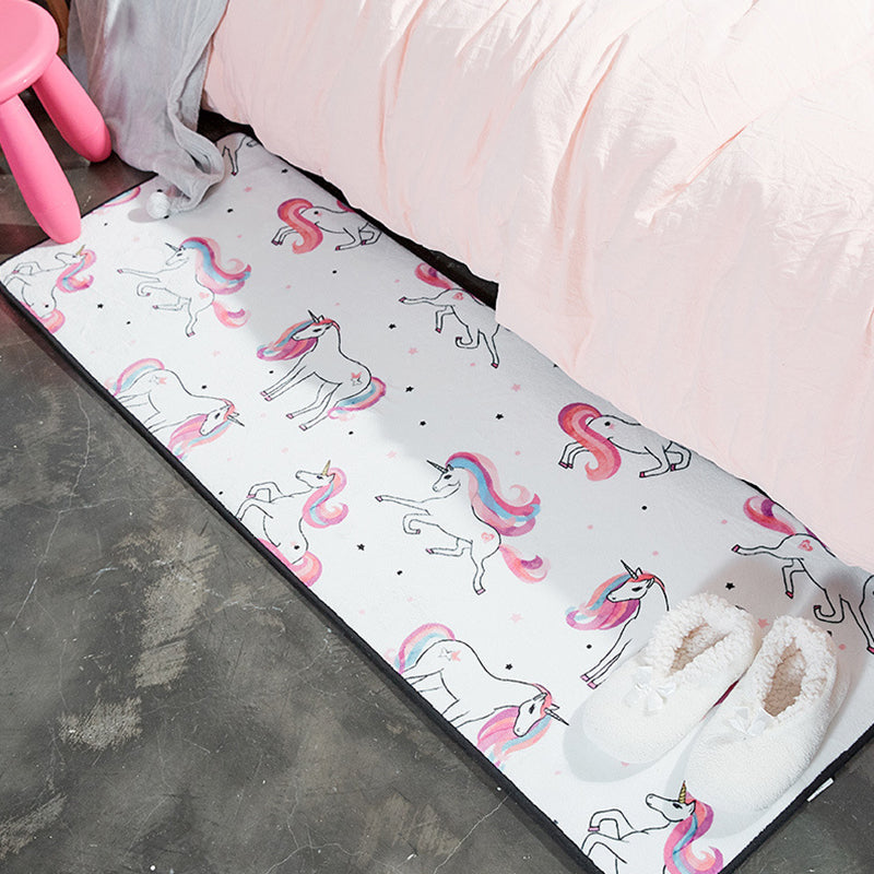 Kids Nursery Rug in White and Pink Animal Bear Rabbit Swan Print Rug Polyester Stain-Resistant Area Rug - White - Clearhalo - 'Area Rug' - 'Rug' - 1649221