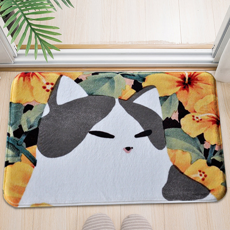 Kids Child's Room Rug in Pink and Yellow Animal Cats Flower Print Rug Polyester Non-Slip Backing Area Rug - Clearhalo - 'Area Rug' - 'Rug' - 1649235