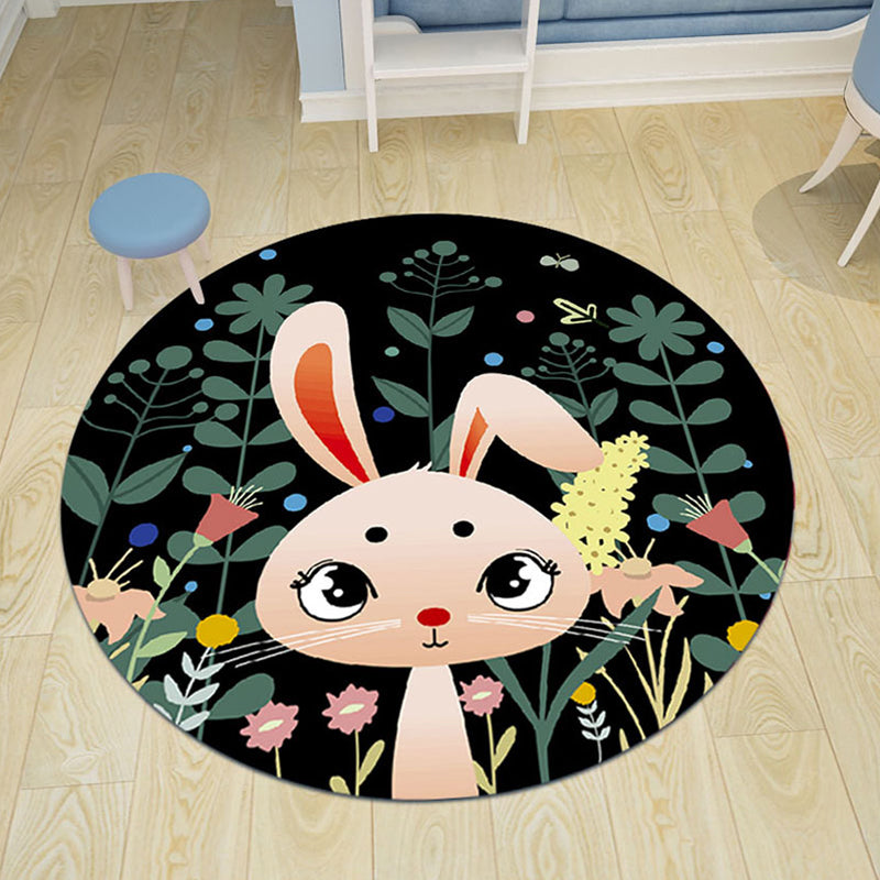 Black and Pink Nursery Rug Kids Animal Lion Rabbit Flamingo Pattern Area Rug Polyester Stain-Resistant Carpet - Black - Clearhalo - 'Area Rug' - 'Rug' - 1649278