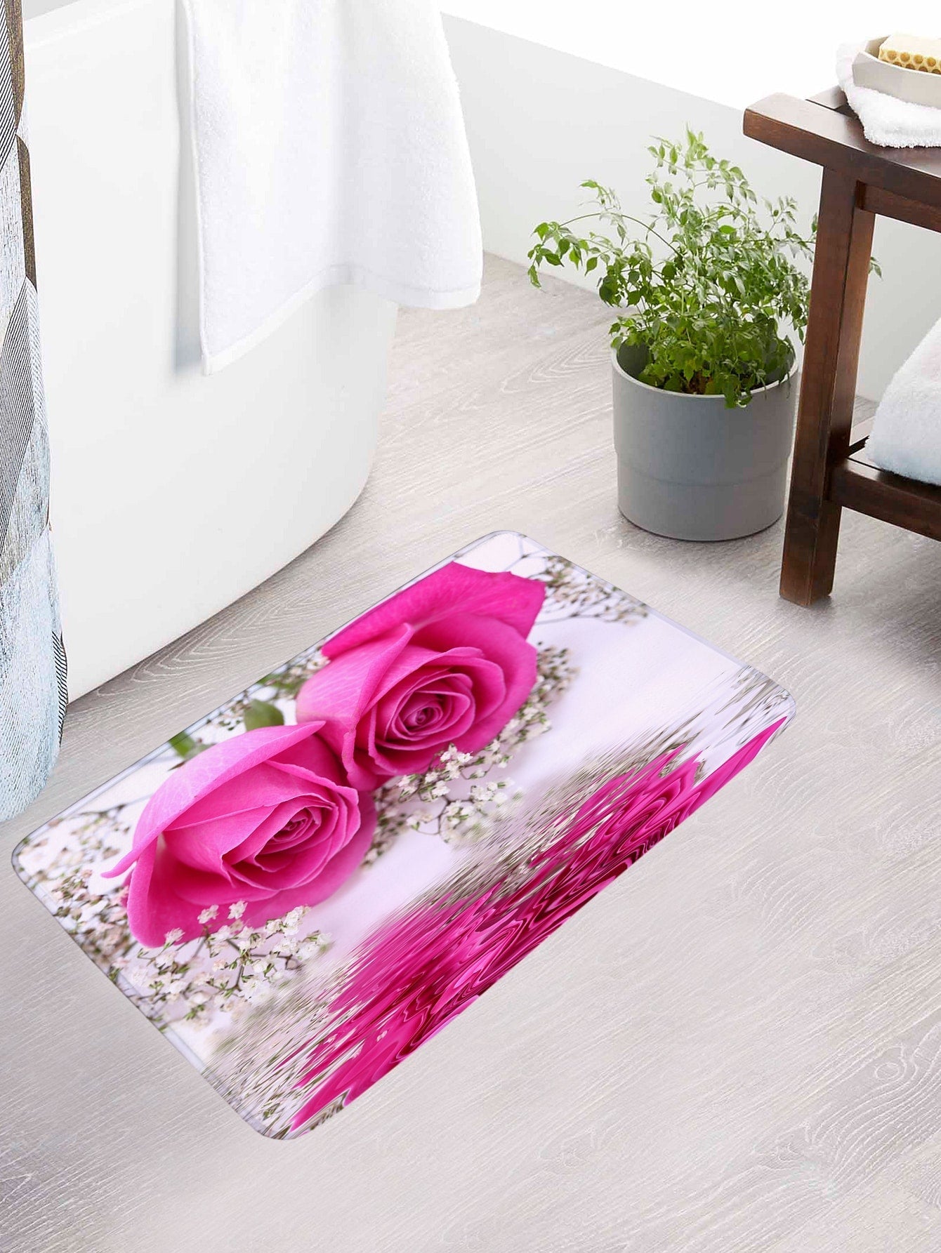 4pc Floral Print Bath Rug And Shower Curtain