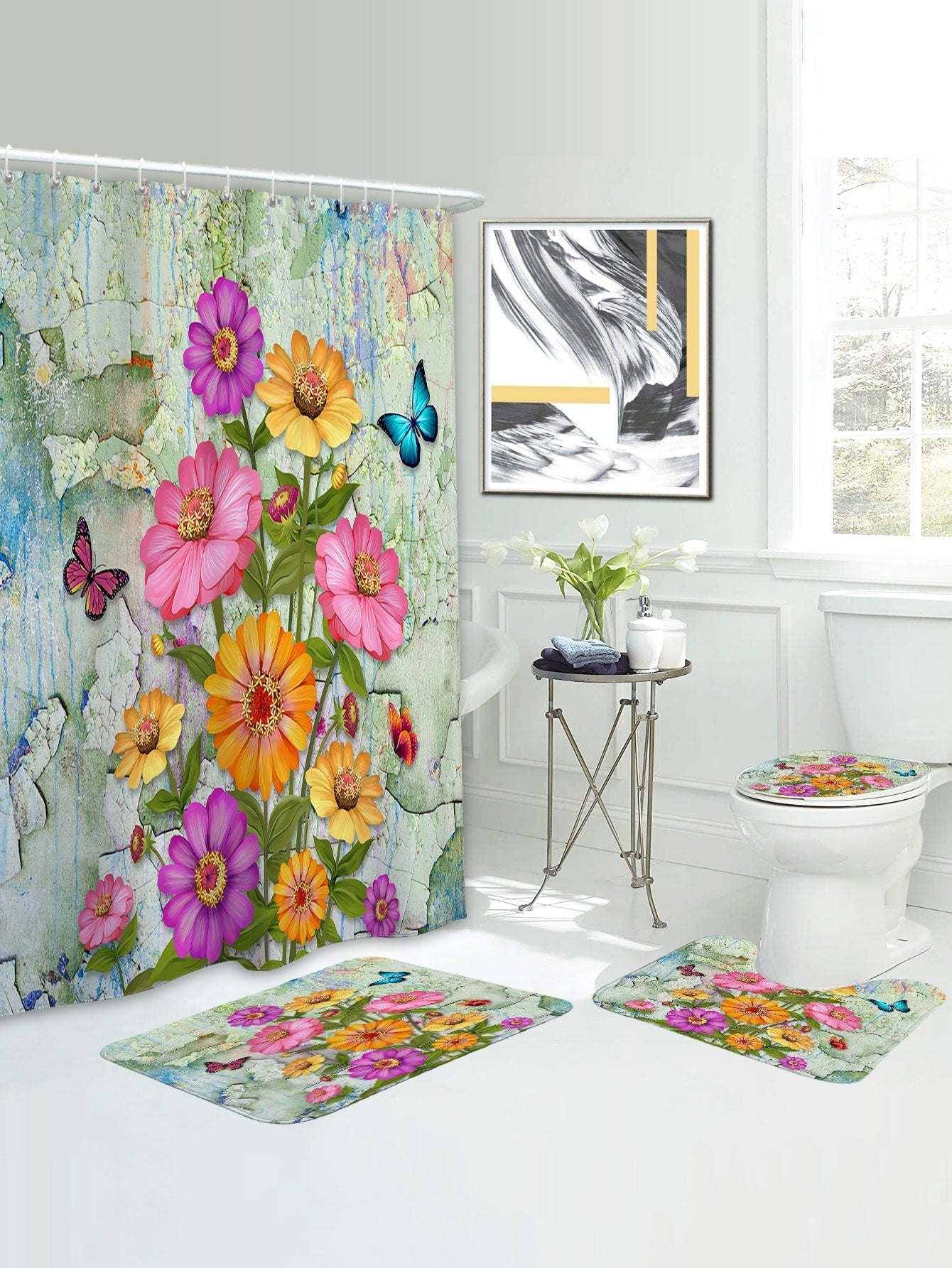 4pc Floral Pattern Bath Rug And Shower Curtain