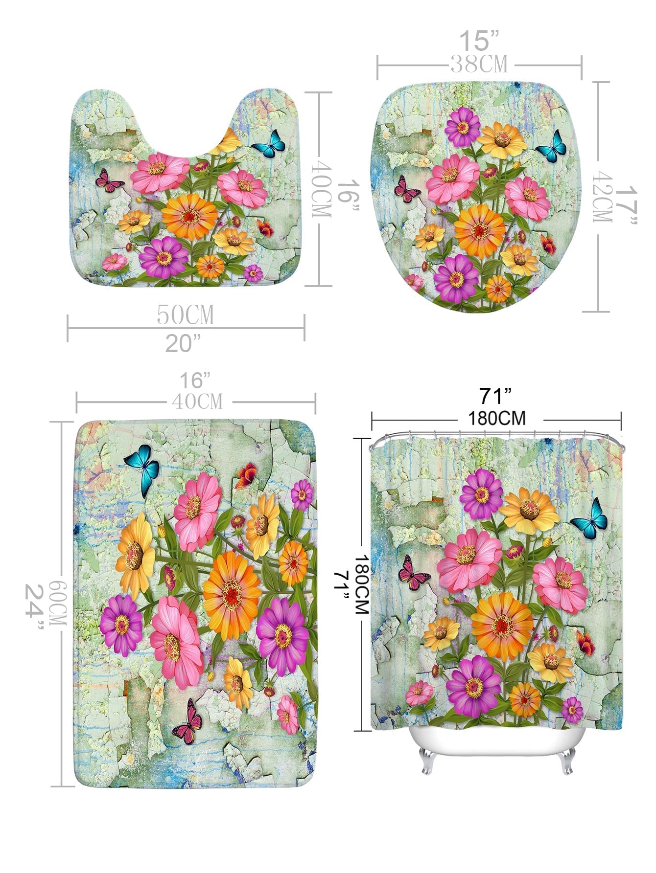 4pc Floral Pattern Bath Rug And Shower Curtain