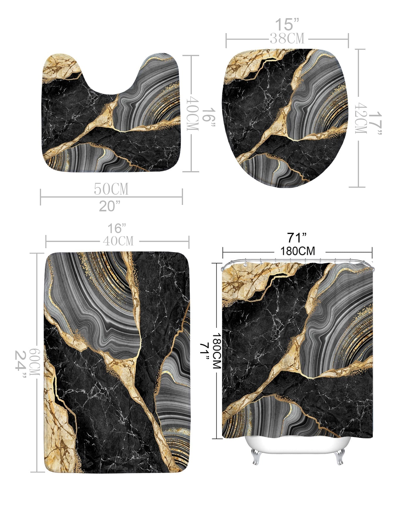 4pc Marble Pattern Bath Rug And Shower Curtain