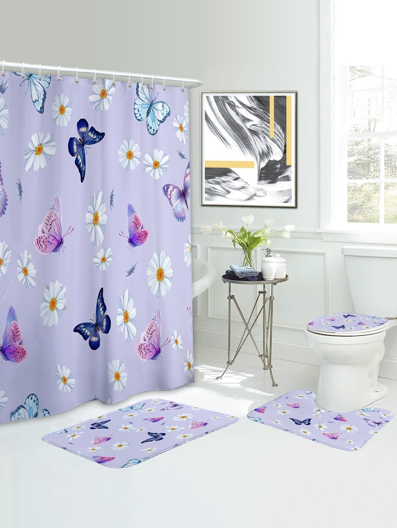 4pc Floral & Butterfly Print Bath Rug And Shower Curtain