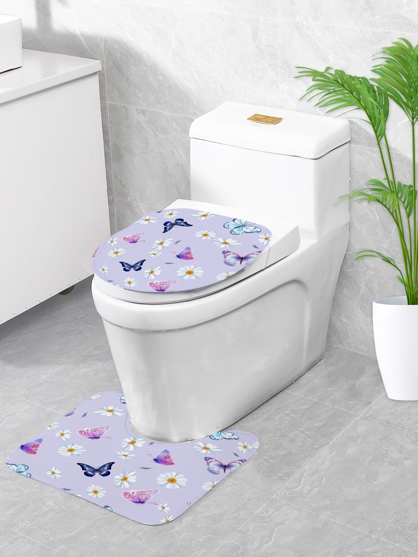 4pc Floral & Butterfly Print Bath Rug And Shower Curtain