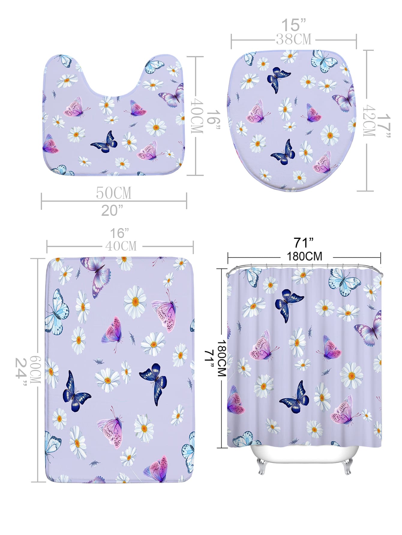 4pc Floral & Butterfly Print Bath Rug And Shower Curtain