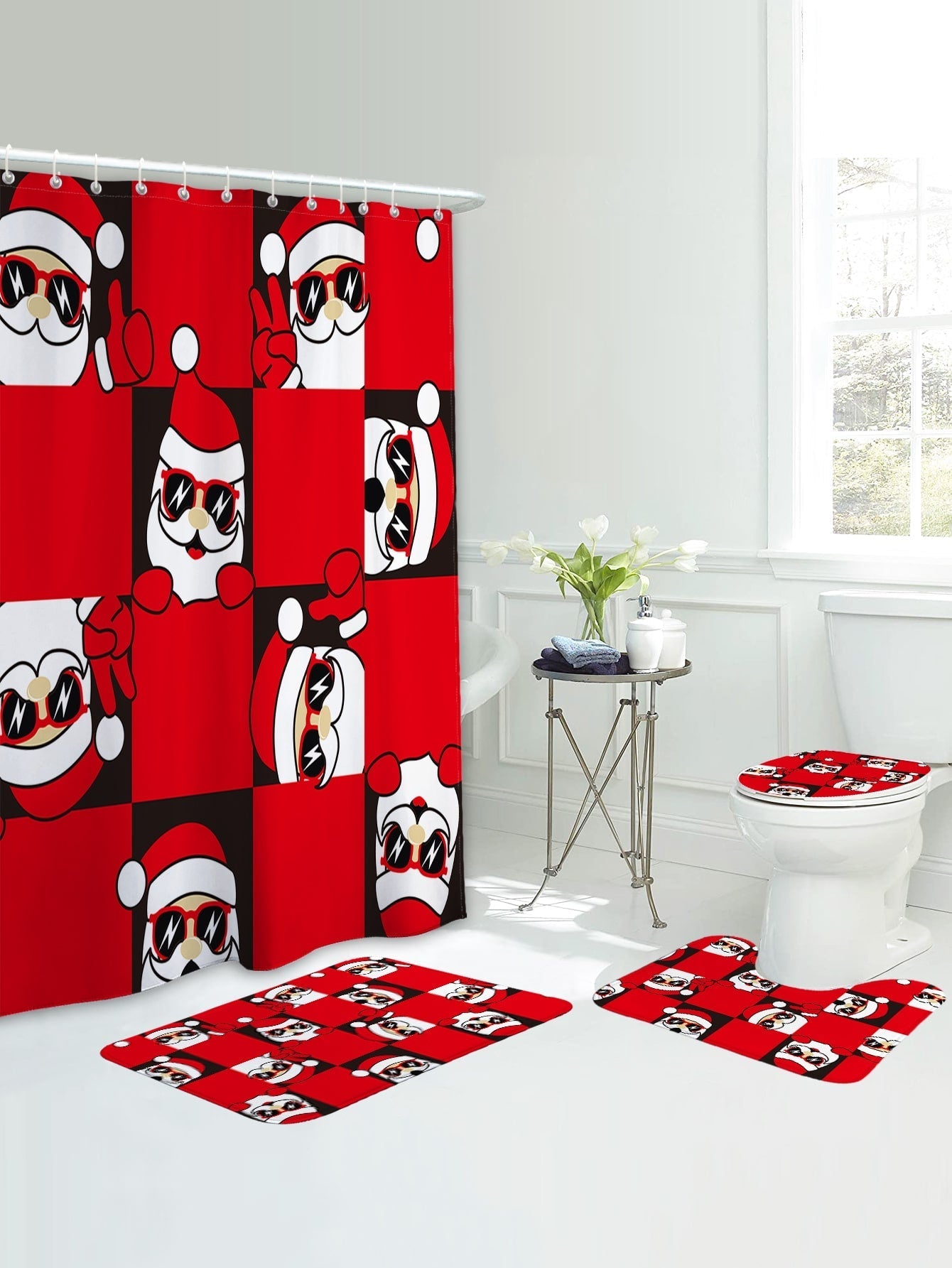 4pc Christmas Santa Claus Pattern Bath Rug And Shower Curtain