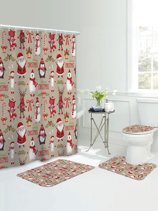 4pc Christmas Print Bath Rug And Shower Curtain