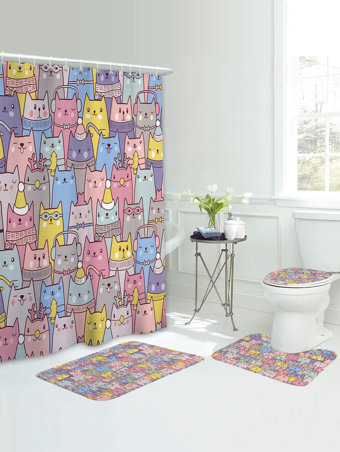 4pc Cat Print Bath Rug And Shower Curtain