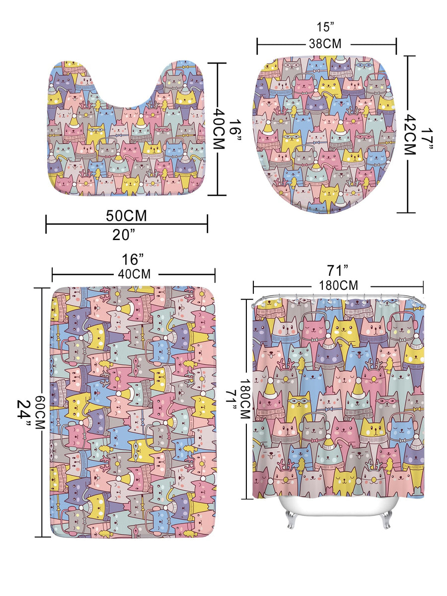 4pc Cat Print Bath Rug And Shower Curtain - view 4