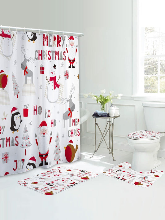 4pc Christmas Print Bath Rug And  Shower Curtain