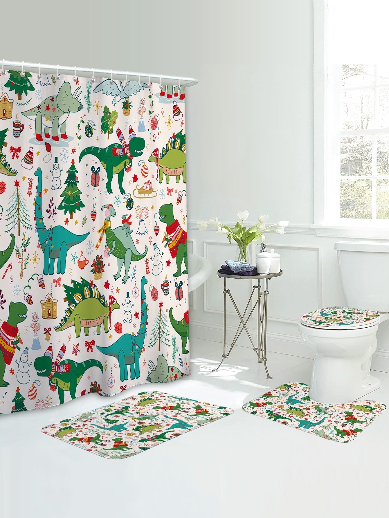 4pc Christmas Dinosaur Pattern Bath Rug And Shower Curtain