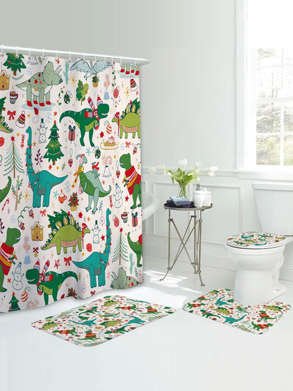 4pc Christmas Dinosaur Pattern Bath Rug And Shower Curtain