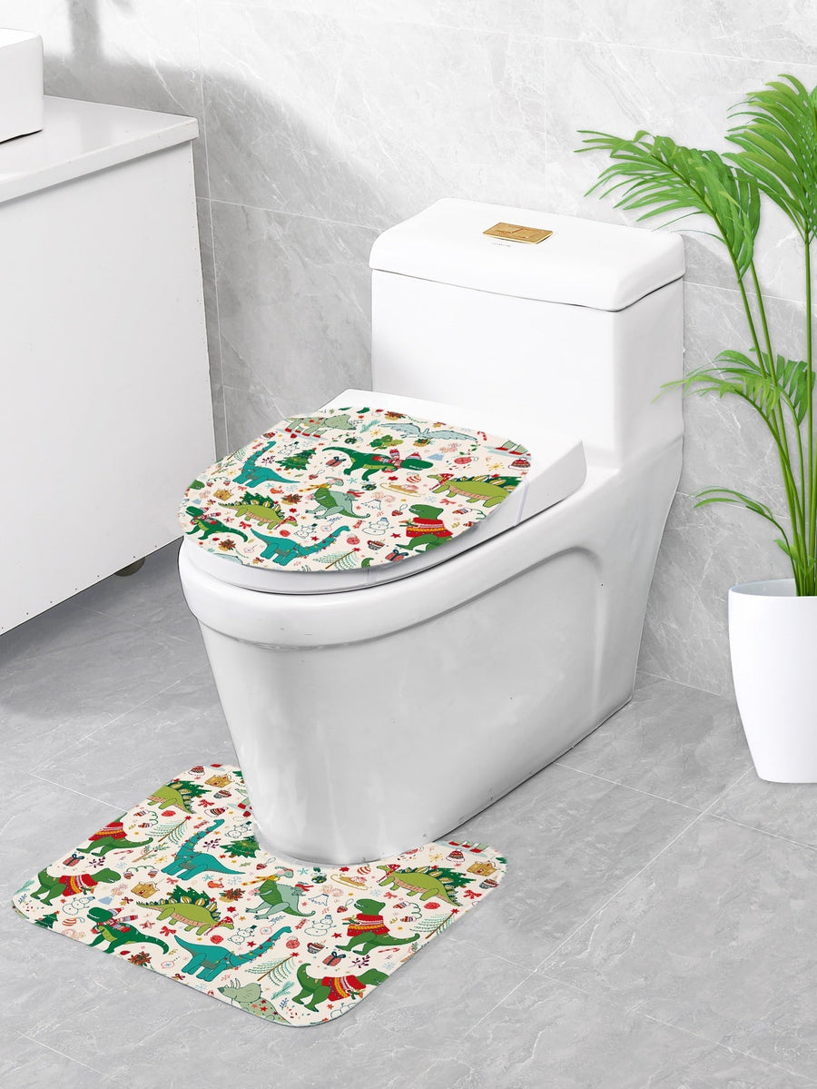 4pc Christmas Dinosaur Pattern Bath Rug And Shower Curtain - view 4