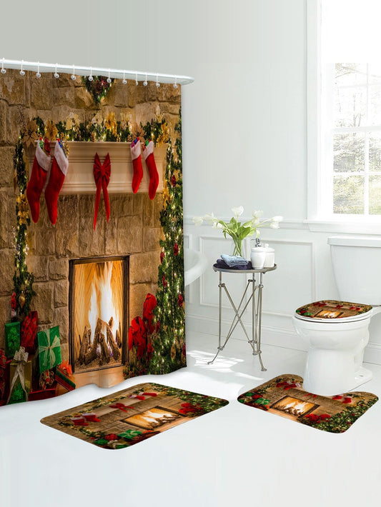 4pc Christmas Stove Print Bath Rug And Shower Curtain