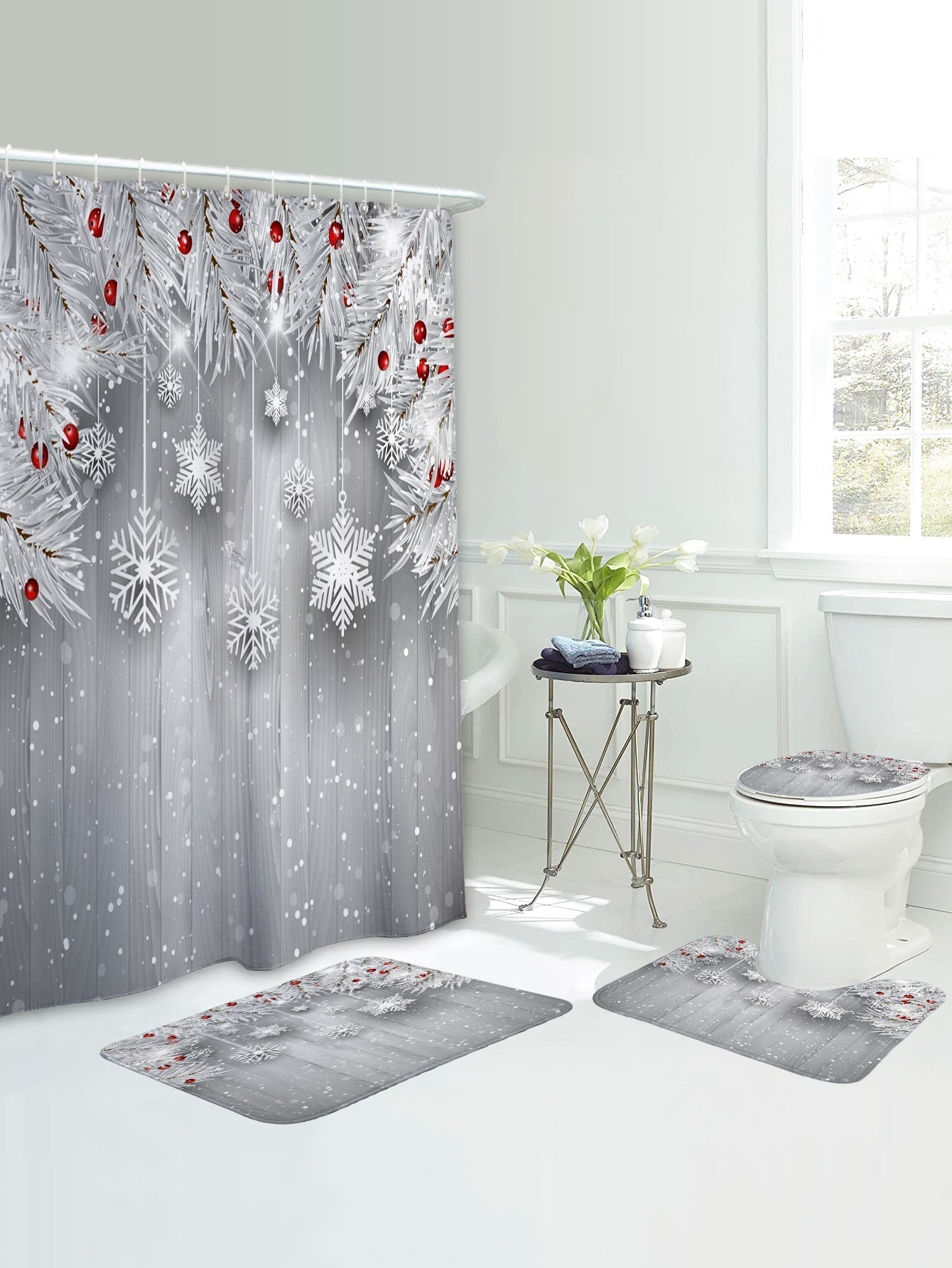 4pc Snowflake Print Bath Rug And Shower Curtain