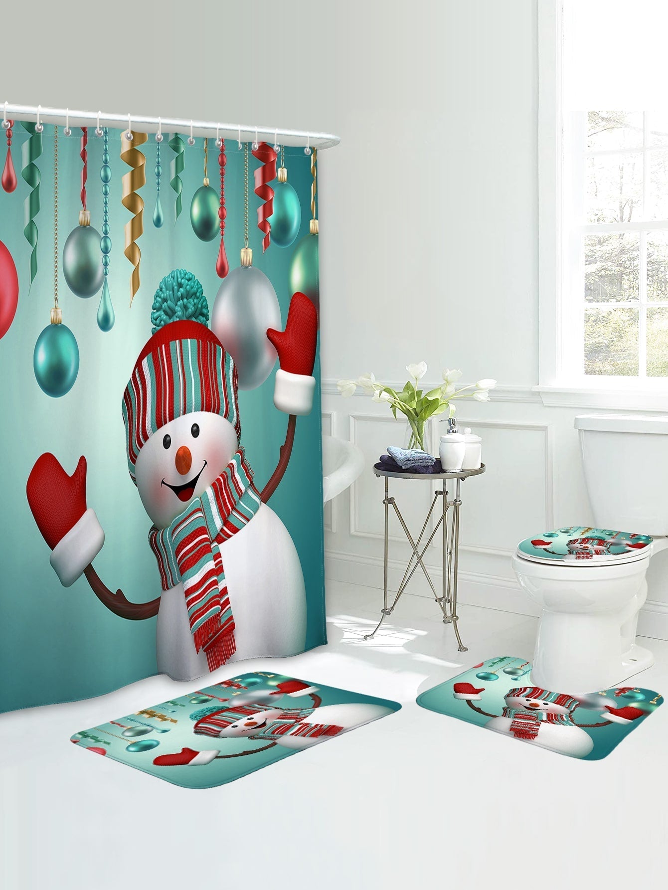 4pc Christmas Snowman Print Bath Rug And Shower Curtain