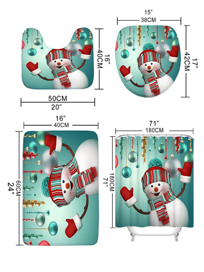 4pc Christmas Snowman Print Bath Rug And Shower Curtain