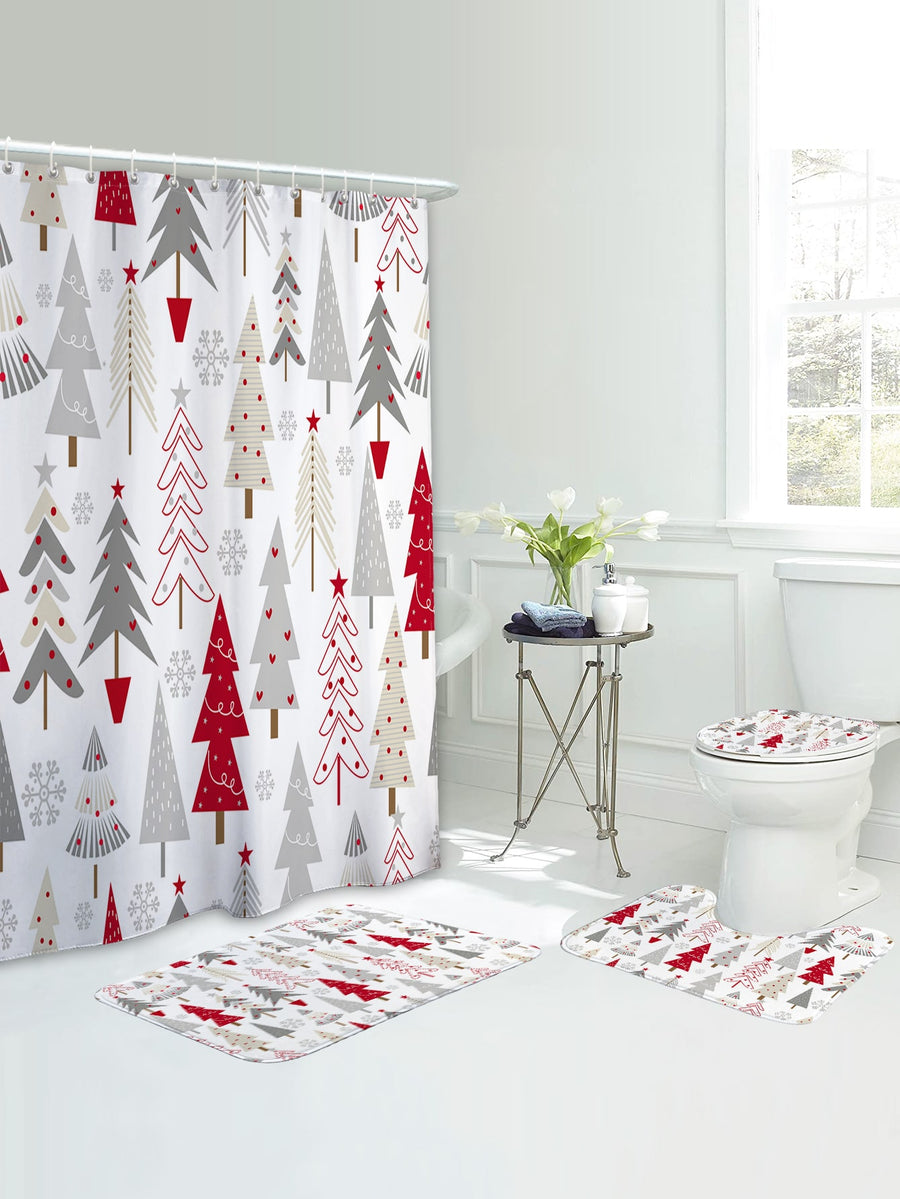 4pc Christmas Tree Print Bath Rug and Shower Curtain