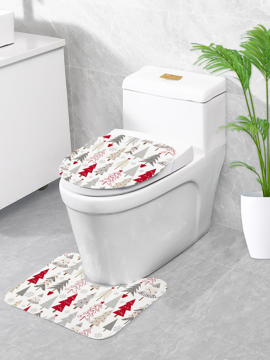 4pc Christmas Tree Print Bath Rug and Shower Curtain - view 2