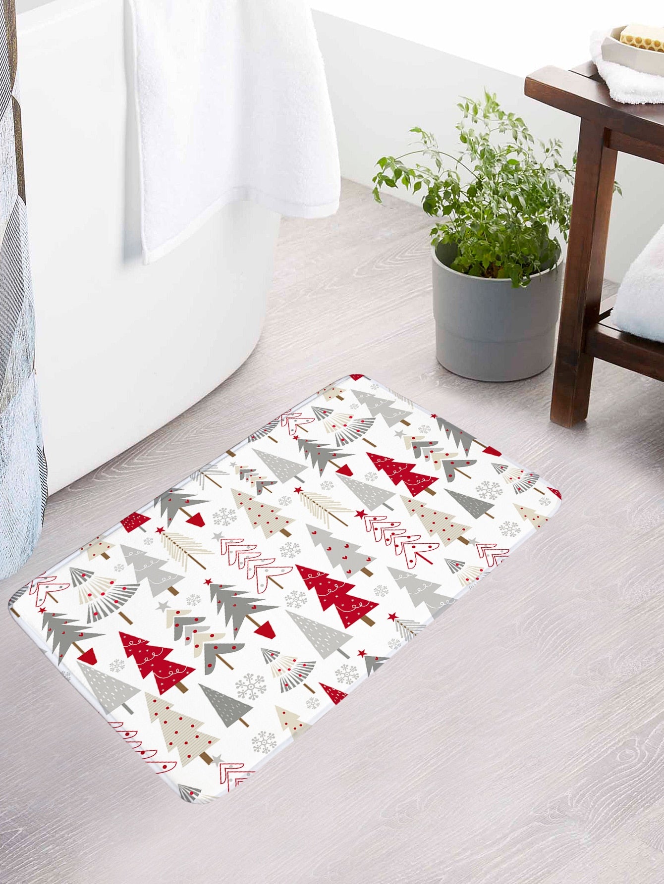 4pc Christmas Tree Print Bath Rug And Shower Curtain