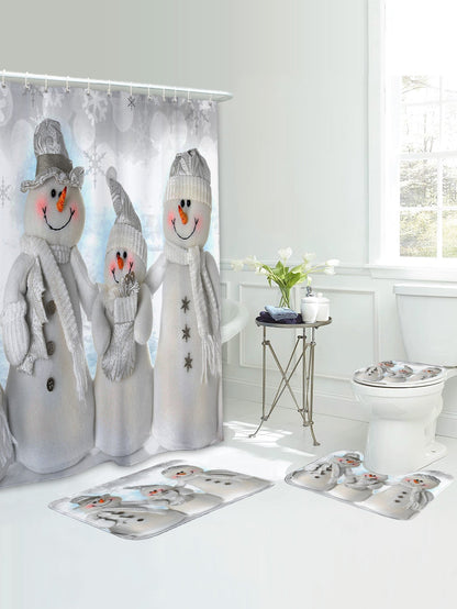 4pc Christmas Snowman Print Bath Rug And Shower Curtain