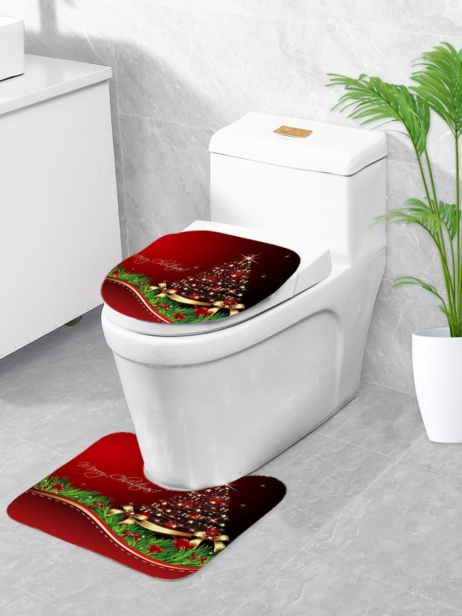4pc Christmas Tree & Slogan Graphic Bath Rug And Shower Curtain - view 2